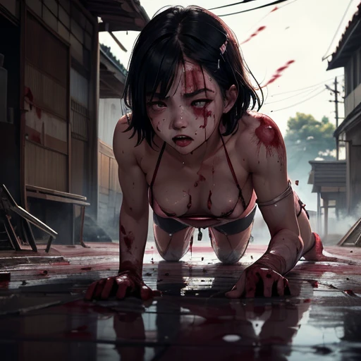 a girl fighter was raped so hard. Her body is covered with a large amount of white sperm.a (((bloodied))), (((crying))) beautiful Japanese high school girl fighter was knocked out in the back street. She is lying down. She lost a fighting spirit, tears. her body and face are covered in (((blood))) and (((bruises))) , (((her face is bloodied))) by opponent's attack. she is damaged terribry. Short-cut black hair, out of breath, drooling from mouth, one eye is closed, exhausted, drenched in sweat. (((She is incontinent))). Erect pink nipples. open finger gloves, stockings, and arm-covers. Whittled waistline, (((muscular))), (((sixpack abs))), (((perfect shaped small breasts)))