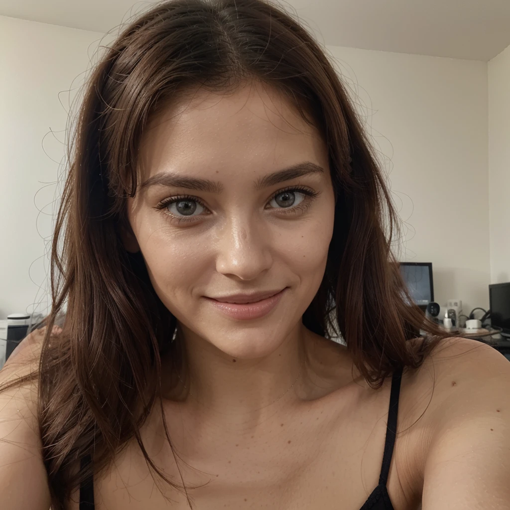 Close-up of a 20 year old beautiful model,  nicht zu perfekt.  foto soll wie amateur wirken, braune Haare, blaue Augen, happy face, realistische Fotografie. In the office. zeit vagina
