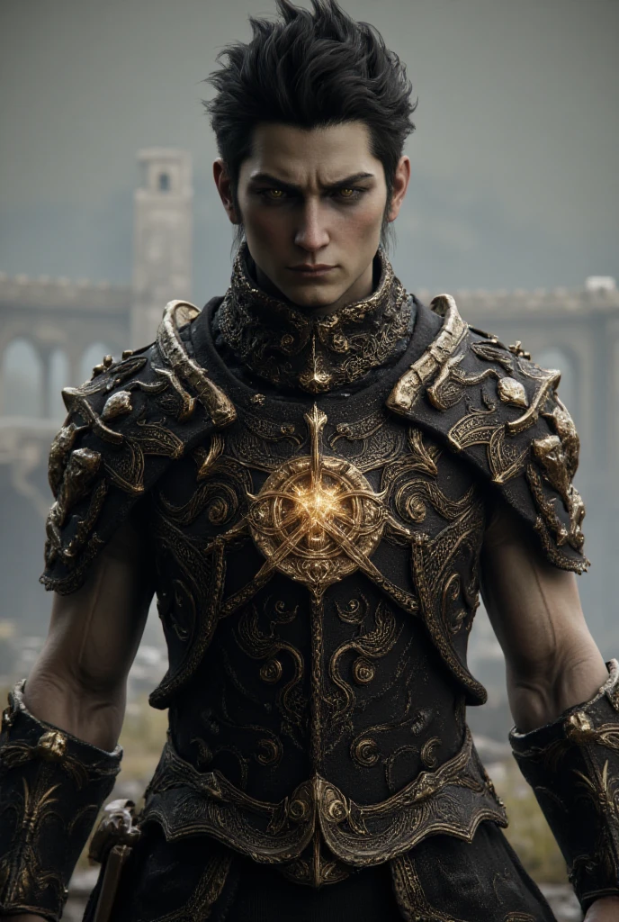 25yo male,black short hair, black and gold armor,potrait 