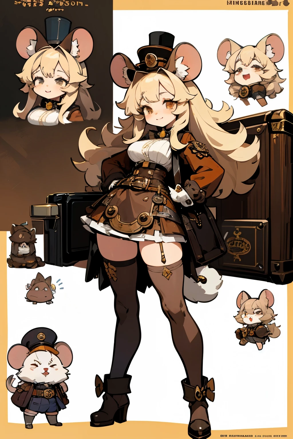 Character reference sheet, ref sheet, professional design, professional character design, game character design, girl with shy face, smiling but shy, sweating a little, light cream hair, cream blonde hair, mouse girl, pomeranian furry, fluffy design, fluffy sweater, mini skirt, long boots, thigh highs, , adorable, sexy, tiny waist, cute clothes, mouss girl, dog ears, mouse, fluffy ears, fluffy furry cheeks, furry, sexy woman, womanly body, big chest, big breasts, steampunk, steampunk dress, mini dress, big mouse ears, cute mouse, steampunk mouse, big accesory, many belts, steampunk hat, steampunk hat