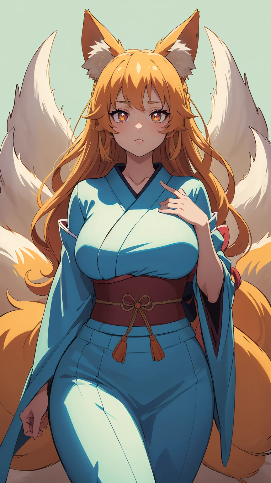 1 beautifull kitsune queen in a gorgeous 90s japaness kimono,blonde hairs, french braid, hair hide ear, hime cut, very long hair, heart-shaped pupils, animal ears, fox ears,"long orange fox ears with black tips", covering ears, kemonomimi mode,tail emanating(9 tails fox),big boobs, large hips,((kimono)), high detail, masterpiece, anatomically correct, high quality, award winning,(masterpiece, best quality),(detailled anime art style),(90s anime aesthetic), 90s, very detailed 90s anime style, 90s anime style,Circa 1995,Tumblr Digital illustration, Faux Retro Aesthetic, demon slayer, Ahri
