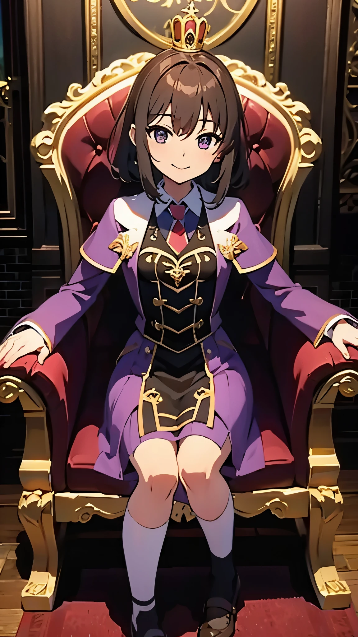 Medieval European style building, Inside the castle, wearing gorgeous purple dress, crown, break sitting gorgeous chair, thinking seriously, unsmiling, flying two evils, break anime style, ultra high res, break Best quality, adult body, UHD, sharpen, 32k, masterpiece,