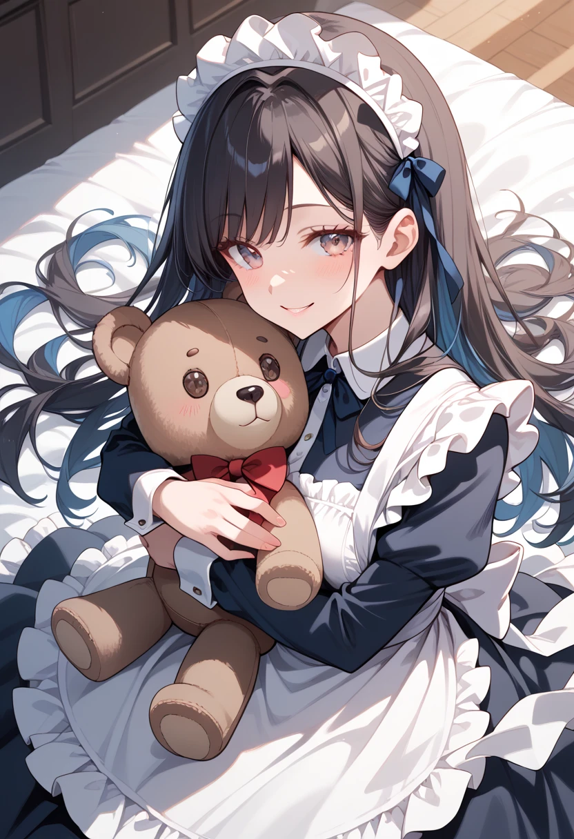 (masterpiece, best quality, ultra detailed, high resolution, detailed facial description), (1 older female:1.2), (black long hair:1.2), (maid, maid headdress, maid apron), (white lace trimmed panties, white garter belt), (light makeup:1.1), (light smile, seductive smile, blush), (hugging a teddy bear:1.2), wariza:1.2, (from above:1.3)