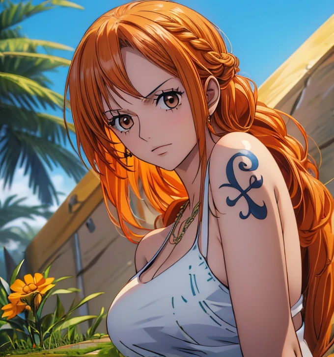 (masterpiece, top quality, 4K, 8k,   high definition  , 最高masterpiece:1.2),  super detailed, ( realistic , photo realistic , photo- realistic :1.37),   Maintaining Anime Style  ,  Nami in One Piece, pale orange hair hidden in thick grass ,Beautiful hairstyle, side tail that crosses arms and legs:1.4,Braiding:1.3,(Left shoulder tattoo), beautiful brown eyes, looking at the camera,delicious, Big Breasts , Necklaces ,Cooking,Fun Holidays , Cinematic Lighting :1.7, Sunshine Spots :1.3,Perfect limbs,Perfect Arms, perfect finger