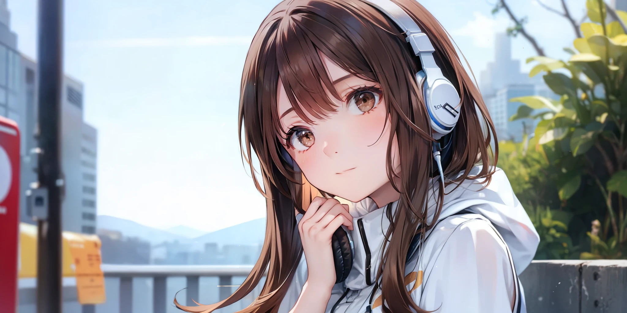 Alone、Beautiful girl with brown hair wearing headphones