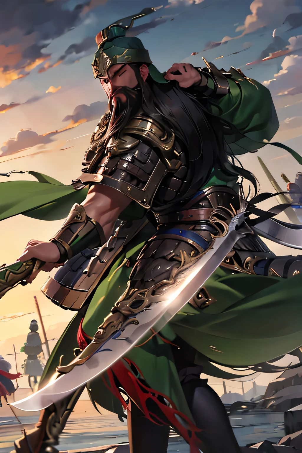 regarding
green armor
long, thick beard
Long-handled knife