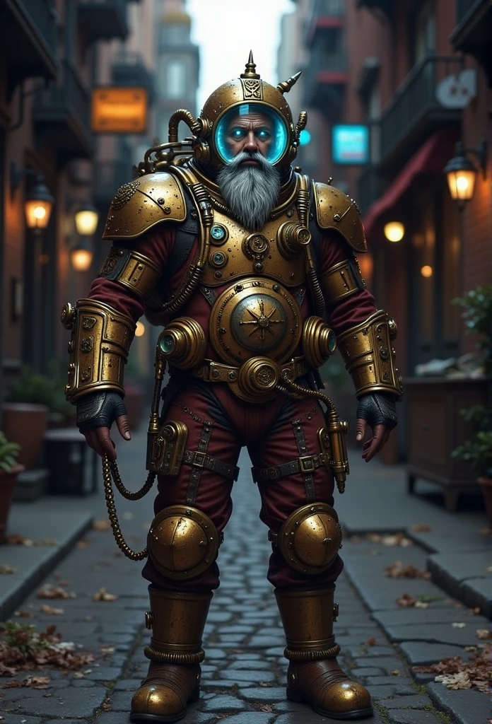 ((masterpiece)) ((photography)) ((Highest quality)) A steampunk-inspired character stands confidently in a narrow alleyway, wearing an intricate metallic diving suit adorned with brass gears and tubes. The suit features a large glass helmet that reveals glowing blue eyes, creating a striking contrast against the aged, textured metal. The background consists of cobblestone streets and dimly lit surroundings, enhancing the industrial atmosphere. The character has a gray beard and a determined expression, embodying a blend of adventure and mystery in a fantastical, retro-futuristic world.