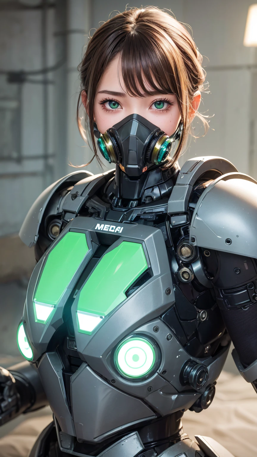 最    High Quality   非常に    Details,     Details,     High Quality   , 最    High Quality   ,     kampala, 1080P,    hard disk   , beautiful,(War Machine),(  Perfect Headgear  ),See the whole picture, female robot , green mecha cyborg    girl holding a robot head with both hands,BATTLE MODE,Mecha Body Girl　8k green body armor　    girl　Sweaty face　Droopy eyes　    short hair  　    gas mask with extended nozzle    　    boyish   　 steam coming out of her head 　     brown hair,    mouth   　  The bed is close to the goal 　    No exposed skin under my face   　(Karate pose)      　((Don&#39;t show your skin))