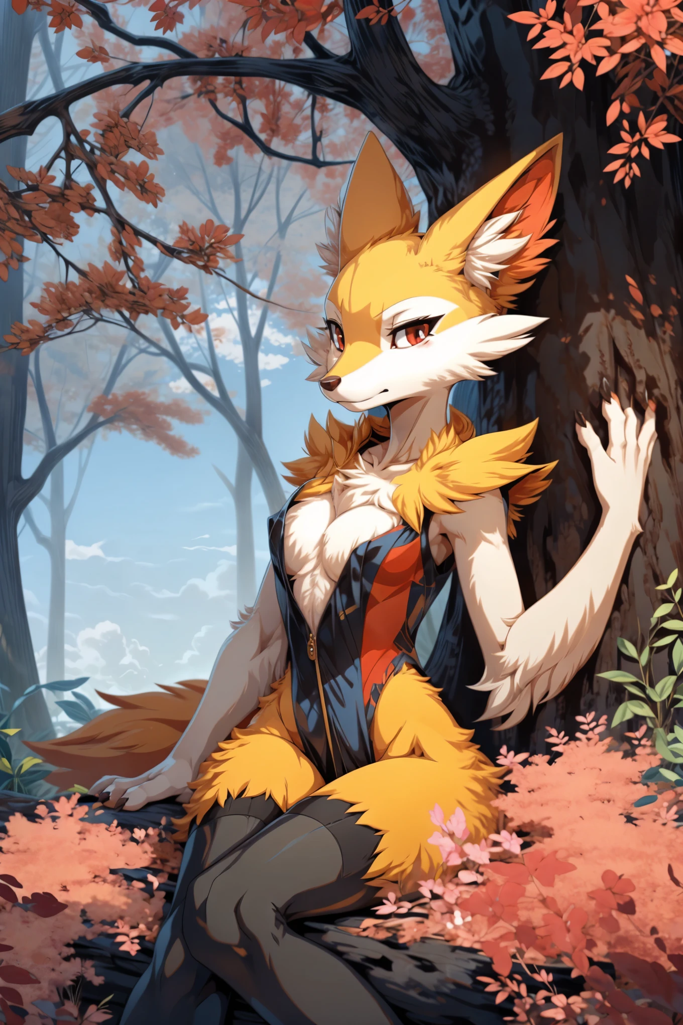 [char1=" female, slim, cute, fluffy, anthro:0.6, very annoyed expression, very thin, braxien, braxien's color pattern:1.2, kawaii, red eyes, detailed eyes, perfect eyes, three fingers, claws, perfect hands, high detailed hands, simmetrical fur's pattern,half closed eyes, perfect braxien's hands, black legs's fur, white arms's fur, very long bosom's fur, {pink |orange}pawpad, full on profile"] Char1 sits, focus on legs(chilling) on a break's corner, park scenario, lineless art style:1.3, flat shading, paintly minimalism:1.2, flat colors shade, by hioshiru:0.1, tree's roof proyecting shadows:1.2, flat anime colors shades high resolution, flat style.1.2, nouveau background, below pov