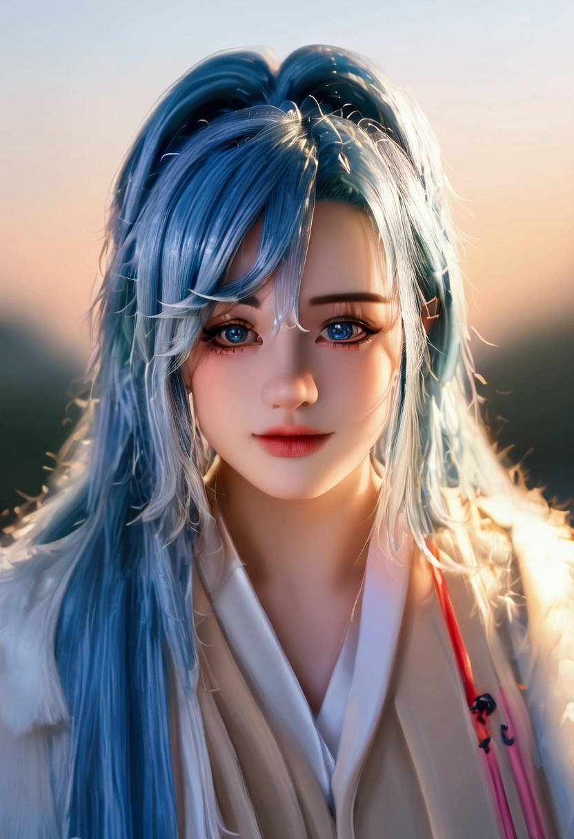 bmasterpiece、top-quality、hight resolution)、 Real life adaption for this character, Masterpiece, high quality, best lighting, cinematic, 1girl, Kobo kanaeru, blue hair, (perfect body), ((schoolgirl uniform)), looking at viewer, standing, outdoors