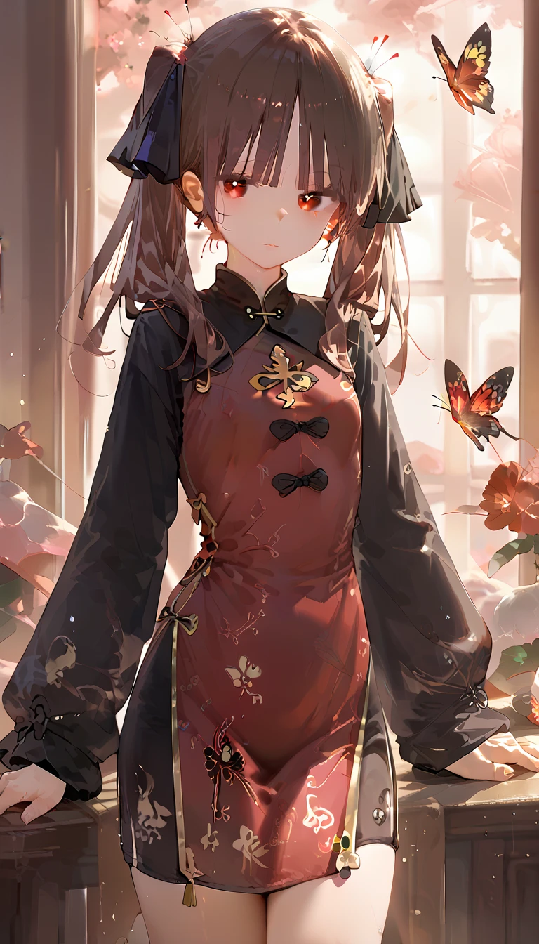 1girl, brown hair,flower, Long Sleeve ,Alone,red eyes, butterfly ,Chinese clothes,, twin tails,standing