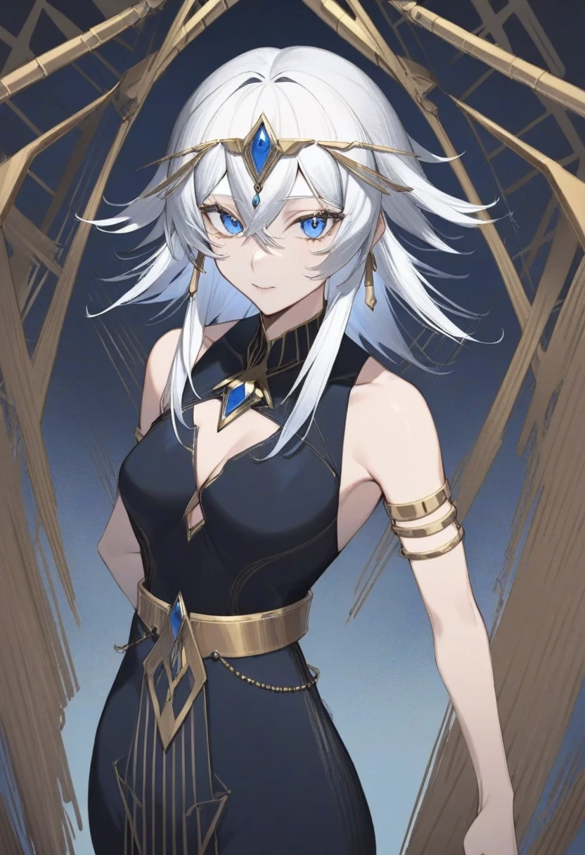 An extremely beautiful woman with long white hair,short curly sidelocks and long tiny braid sidelocks and blue eyes with white lashes with wide hips, narrow waist, sculpted flat stomach, a perky ample bosom, wearing, a long black dark blue dress, with a square opening over her chest, and a high silver belt. The bottom of the dress resembles reeds. She wears a thick golden usekh or wesekh, with an inner layer of blue with golden gems or beads. She wears one thin silver armlet on each lower arm. She has blue markings over her eyes, and light blue markings under them.