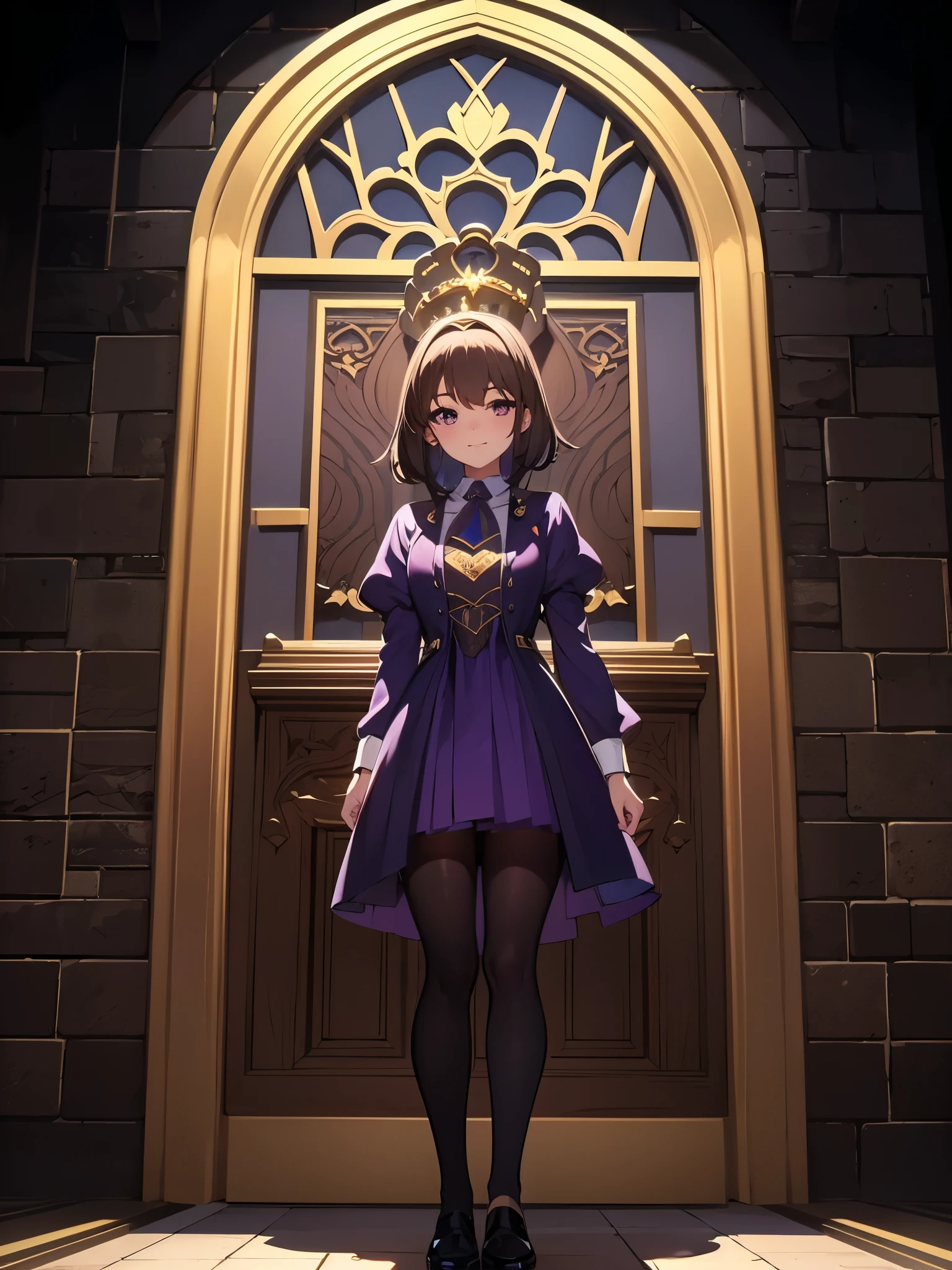 Medieval European style building, Inside the castle, focus face1:2, wearing gorgeous purple dress, crown, break break anime style, ultra high res, break Best quality, adult body, UHD, sharpen, 32k, masterpiece,