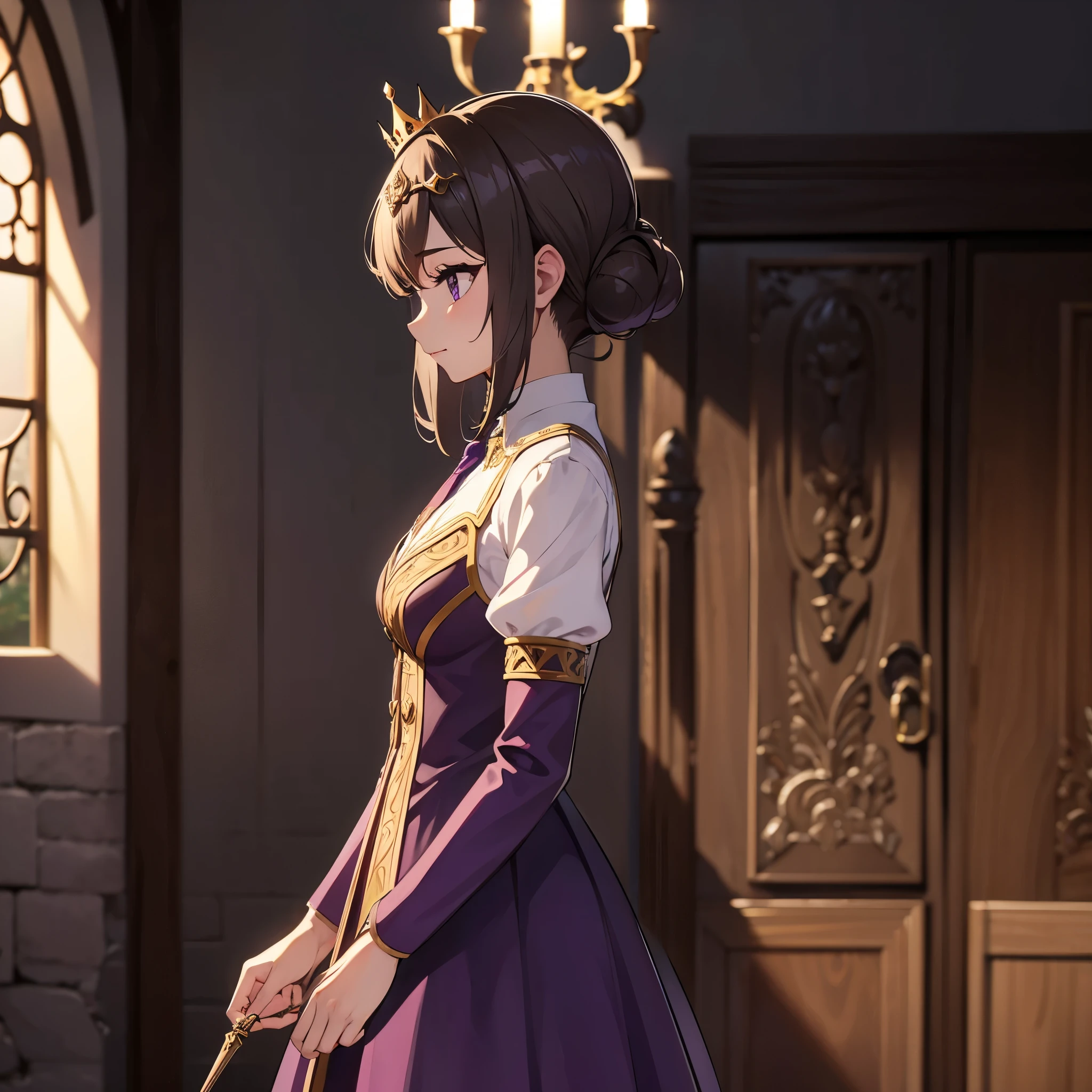 Medieval European style building, Inside the castle, from side, focus face, wearing gorgeous purple dress, crown, break break anime style, ultra high res, break Best quality, adult body, UHD, sharpen, 32k, masterpiece,