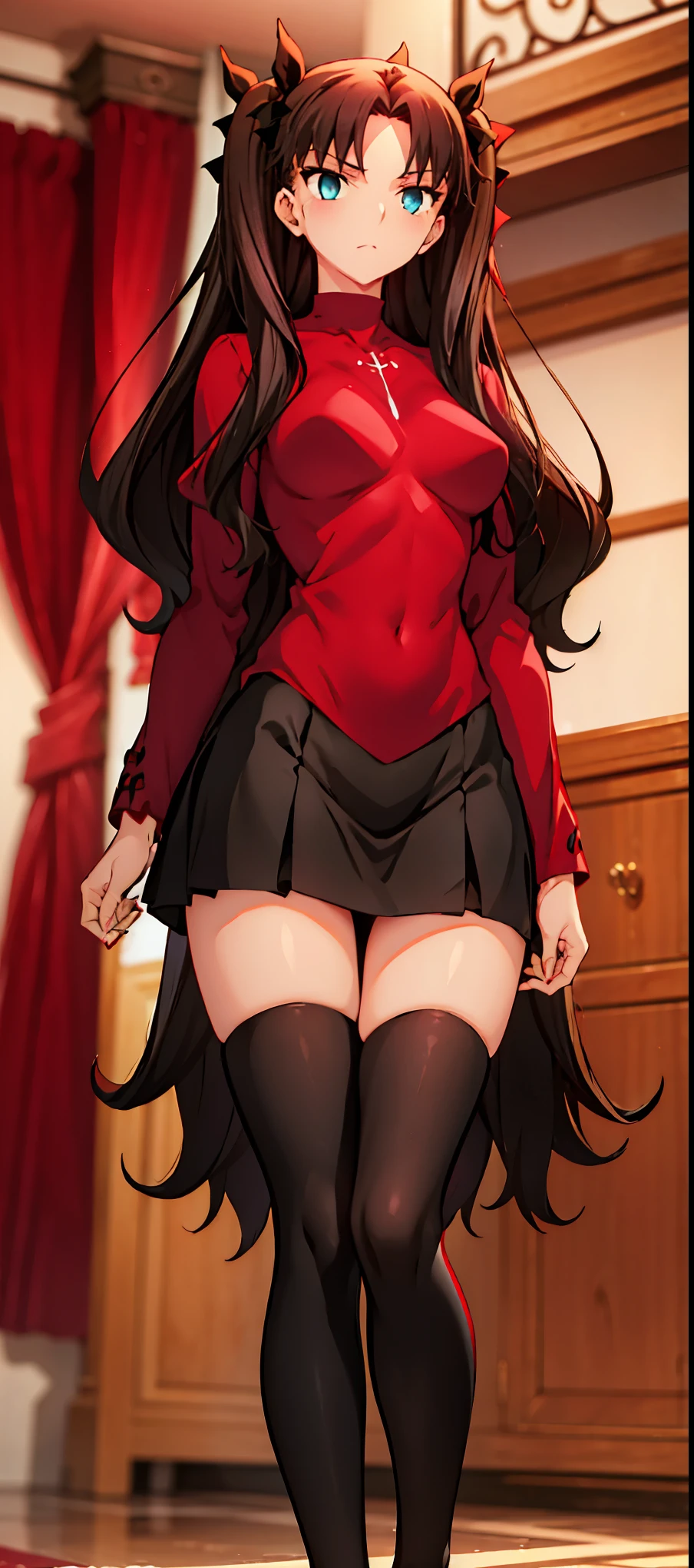 high resolution, masterpiece , Necessary, Awarded multiple times, Best Quality , detail, details altos, high quality , super detail , retina, Ultra HD, Textured Skin, Rin Tohsaka, solo girl, 18 years old, 1 meter and 49 centimeters high , 49 kilos well distributed , small medium breasts well defined sexy and shapely , slim and sexy waist, small thighs very sexy medium well defined and well shaped , Full body image, arms hands legs and feet well defined and well detailed down to the smallest details, face eyes and mouth well designed and well detailed with the smallest details , makeup, lipstick, toys, cabelo longo e preto com e laços nos cabelos um de cada lado, lindos e brilhantes olhos azuis, blusa vermelha de gola alta, saia preta, meias pretas longas e tênis de couro marrom, blush, blush, geram uma imagem fiel ao prompt e o rosto e cabelos fiéis ao personagem original RIn Tohsaka de Fate Stay Night,