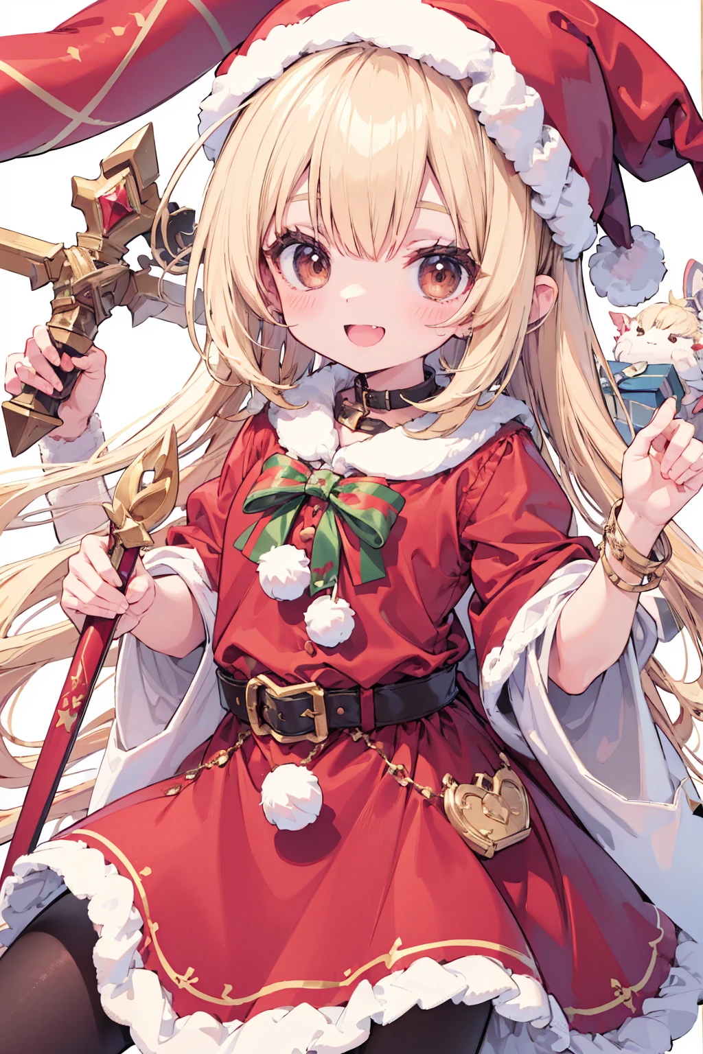 Absurd,  absolute resolution , unglaublich Absurd, Super high-quality ,  super detailed,  official art , Unity 8K Wand,  masterpiece
BREAK
A  ,  innocent, little devil,  small and young  , Blush,  red Santa costume,  red Santa Claus hat ,  blonde hair,  brown eyes, smile