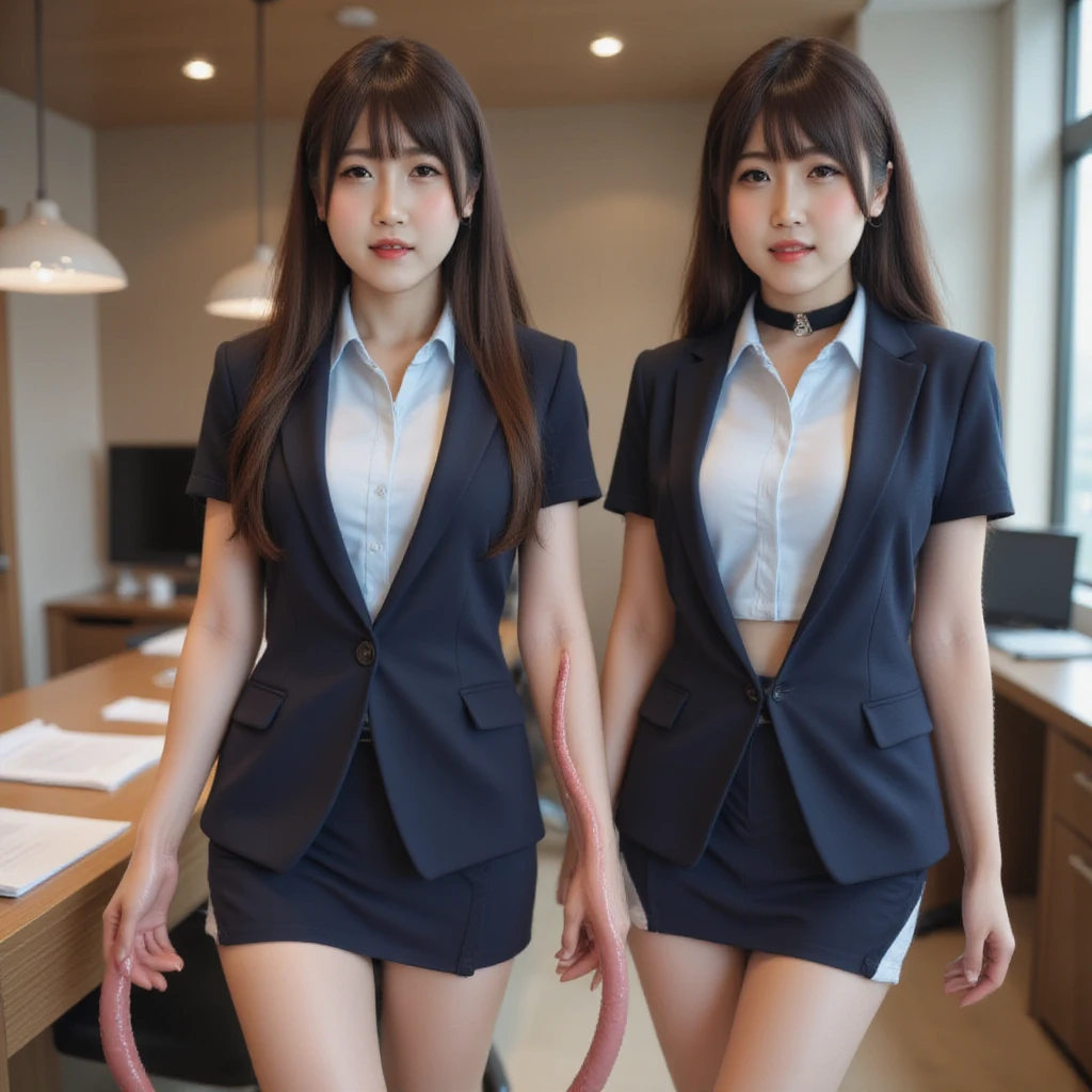  top quality、masterpiece、duo, Group photo, 若い女性が officeに立っている、Lined up photos ,  The left side is a woman wearing clothes and a woman wearing a bra on the right、female secretary、(  navy blue jacket ,  light blue shirt,  Mini Skirt), Big Breasts , ((  Layered Haircut )),（8k，  top quality），  full body shot ，Shooting from a medium distance，  full-body portrait crossing the camera 、 Adorable， smile:2，Long straight brown hair, Slim face,  slender body , 32K, masterpiece,  top quality,  super high resolution,  touch the black choker  ,  blue eyes, (((bangs:2)))、  on the décolletage very wealthy long eyelashes 、Red Lip、 long foot、 high heels、 blue eyeshadow 、((Big Breasts))、  happy expression:2,  office、desk、document、SF, Only the woman on the right has a tentacle on her arm 、 Only the woman on the right stretches her tentacle tongue 