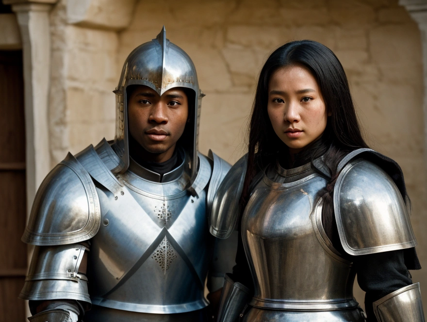 Cinematic Medium Shot of a Black male Knight and na Asian female Knight in 1400 CE wearing gleaming armor and tabards, preparing for battle, emotion inducing, sharp focus, documentary photo.
