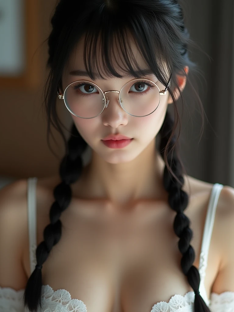 One girl、Japanese、Skinny athletic model、Flat Chest、Wearing overalls naked、A pleasant looking face、In your room at home、Hairstyle：ponytail、Small, square, rimless glasses、