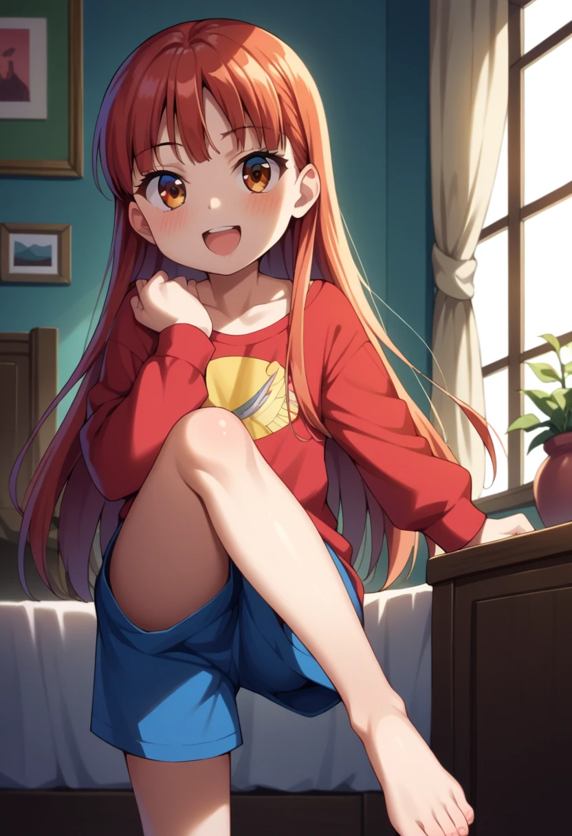 (( top quality)), ((masterpiece)), (be familiar with),  perfect face, indoor, bedroom,  viewer,
One woman,  Yukiko Aikina,
 open mouth,  ecstatic expression with hands in front of body, blush, smile,
 small ,  flat chested, Young girl, Lori,  kids,  girl,
 long hair,  long hair,
Leg spread,