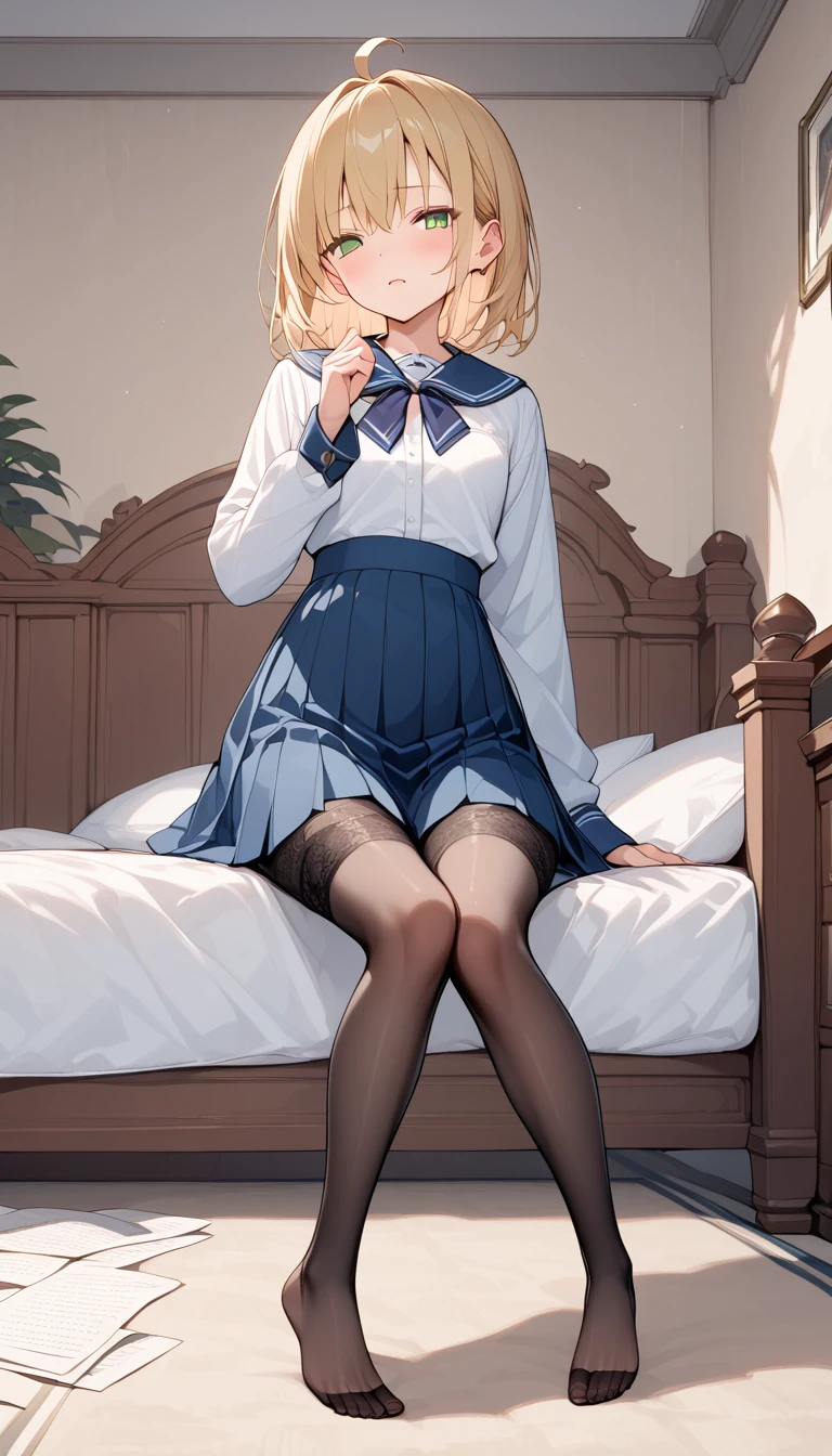 ccsaber, blonde hair, green eyes, ahoge, white shirt, blue skirt, black pantyhose、​masterpiece、top-quality、best、超A high resolution、Full body portrait、intricate-detail、An ultra-fine illustrations、perfect anatomia、Correct anatomy、perfectly proportions、face perfect、Hands are２Boken、perfect hand、The feet are in２Boken、perfect foot、Perfect fingers、Small toes、Precise size and balance of upper and lower body、18year old、Schoolgirl with mature body type、A high school girl with long、***1人、Whole body from head to leg、full body Esbian、small tits、Small toes、Small toes、No shoes、laying on back、M-shaped legs、Opening legs、Inter-strands、Facing the front、Composition from below、Composition from the front、Panchira、Inner thigh-sitting、Sit on the floor with bent knees and legs open、Front-facing、Lower body facing forward、Slender feet、Slender thighs、Slim toes、Lying on a white bed facing the front、Slender feet、legs slightly open、Sleeping in a big letter、Legs are spread、Hands are slightly raised、Panting face about to cry、red blush、Embarrassed look、A slightly sad look、Black_Wearing white panties inside stockings、Wearing white panties inside black transparent stockings、Wearing white panties inside black stockings、Wearing white panties inside black pantyhose、Wearing white panties inside black lace pantyhose、Wearing white panties inside stockings with black lenses、Wearing black light pantyhose and white panties、Wearing black transparent pantyhose and white panties、No shoes、No shoes on、pure white under black stockings,,,_panties on、Panties are visible through a navy blue pleated skirt、Pure white bra、Underwear、Bedrooms、in a house、during daytime、（small tits）、((full body Esbian))、​masterpiece、（top-quality)