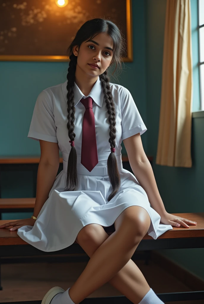 portrait of a beautiful cute young teen school girl, Sri Lanka ,She has plaits, black braided long hair, correct anatomy of other body parts, large chest size , wearing detailed white frock uniform, wearing dark red colored tie , wearing folded white socks and white sneakers , full body , tan color skin, sweaty body, curvy body, slaying down on a bench at school dancing room, hyper realistic, moody environment, glowing ambient lights, glowing skin, cinematic lighting, 8k, masterpiece, intricate details, vintage and retro Aesthetics in 80s