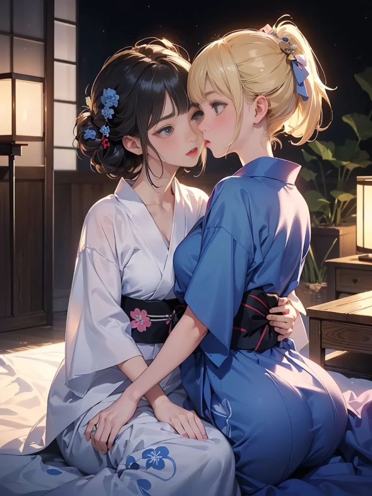 (8 (8k,  top quality,   Masterpiece  :1.2),cute,cute女の子たち,Couple girls, 2 people ，On the stomach{{To kiss，Mesugaki,fantasy_world,{{kissu,On the futon， lie down ，A short yukata， from&#39;Chest through clothes，  beautiful thighs，Gentle caress，  heavy breathing in gang's lair ， white liquid splashed on face ，On the stomachディープ{{kissu，Starry Sky，  knight ，太ももfrom滴り落ちる白い液体