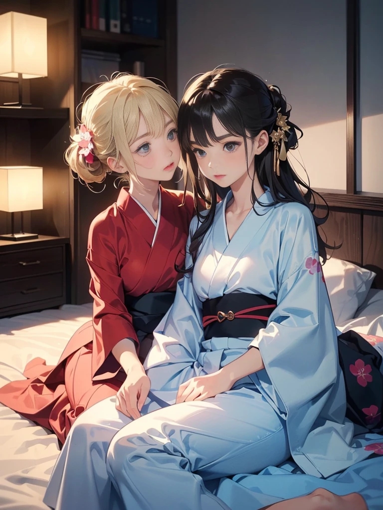 (8 (8k,  top quality,   Masterpiece  :1.2),cute,cute女の子たち,Couple girls, 2 people ，On the stomach{{To kiss，Mesugaki,fantasy_world,{{kissu,On the futon， lie down ，A short yukata， from&#39;Chest through clothes，  beautiful thighs，Gentle caress，  heavy breathing in gang's lair ， white liquid splashed on face ，On the stomachディープ{{kissu，Starry Sky，  knight ，太ももfrom滴り落ちる白い液体