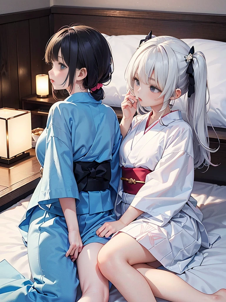 (8 (8k,  top quality,   Masterpiece  :1.2),cute,cute女の子たち,Couple girls, 2 people ，On the stomach{{To kiss，Mesugaki,fantasy_world,{{kissu,On the futon， lie down ，A short yukata， from&#39;Chest through clothes，  beautiful thighs，Gentle caress，  heavy breathing in gang's lair ， white liquid splashed on face ，On the stomachディープ{{kissu，Starry Sky，  knight ，太ももfrom滴り落ちる白い液体