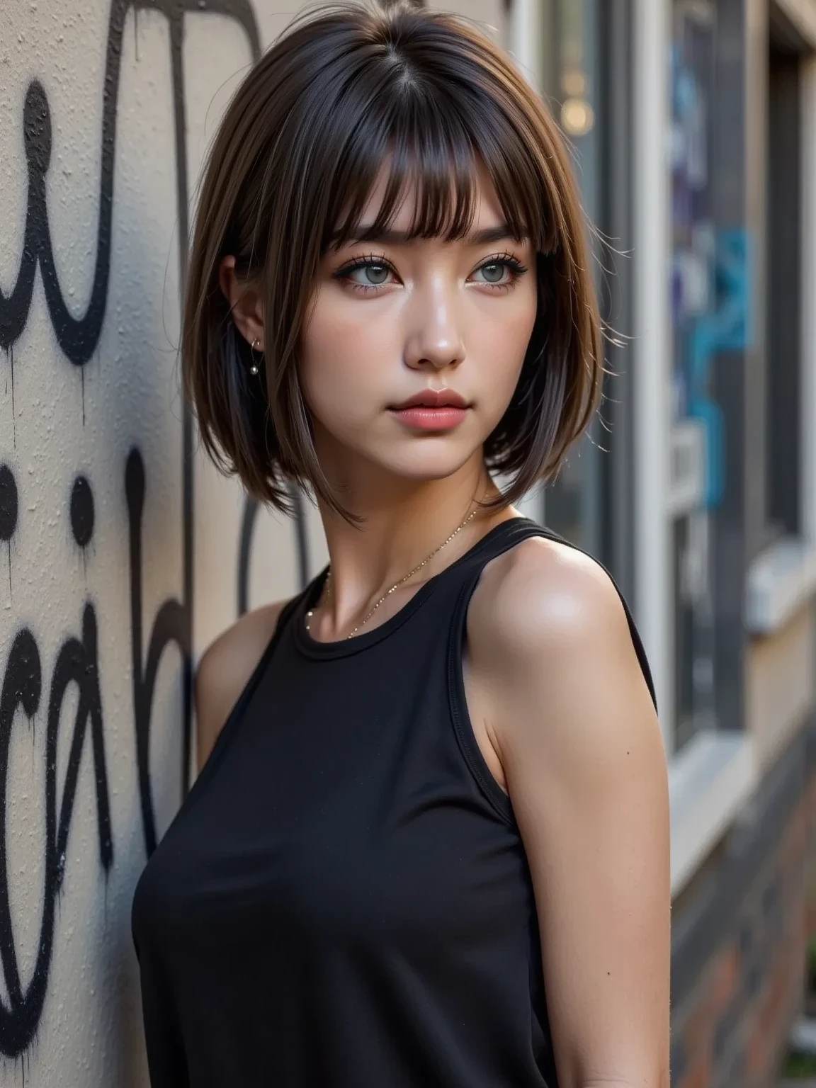 beautiful 25yr old goth with short black hair outside by a wall with graffiti that says "we control", wearing a loose black top showing sideboob,