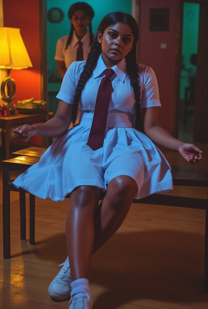 portrait of a beautiful cute young  girl in a Sri Lankan horror movie, Sri Lanka ,She has plaits, black braided long hair, correct anatomy of other body parts, large chest size , wearing detailed white frock uniform, wearing dark red colored tie , wearing folded white socks and white sneakers , full body , tan color skin, sweaty body, curvy body, slaying down on a bench at school dancing room, hyper realistic, moody environment, glowing ambient lights, glowing skin, cinematic lighting, 8k, masterpiece, intricate details, vintage and retro Aesthetics in 80s