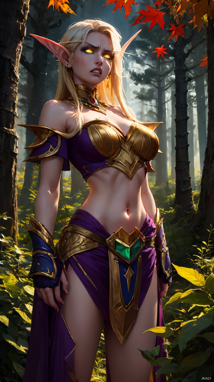 (Masterpiece, highly detailed, highly quality,  highly resolutions), 2heads, Right head, nightelf, angry, clenched teeth, glowing eyes, blue eyes, Purple Hair, colored skin, mature female, purple midriff, navel, purple spike shoulder pad, platinum trim, green leaves, jewelry, looking at viewer, forest, night, bare shoulders, spring season, 2heads, left head, bldelf, angry, clenched teeth, glowing eyes, yellow eyes, Blonde hair, colored sclera, mature female, red short shirt, navel, red shoulder pad, gold trim, yellow leaves, jewelry, looking at viewer, forest, day, bare shoulders, Fall season