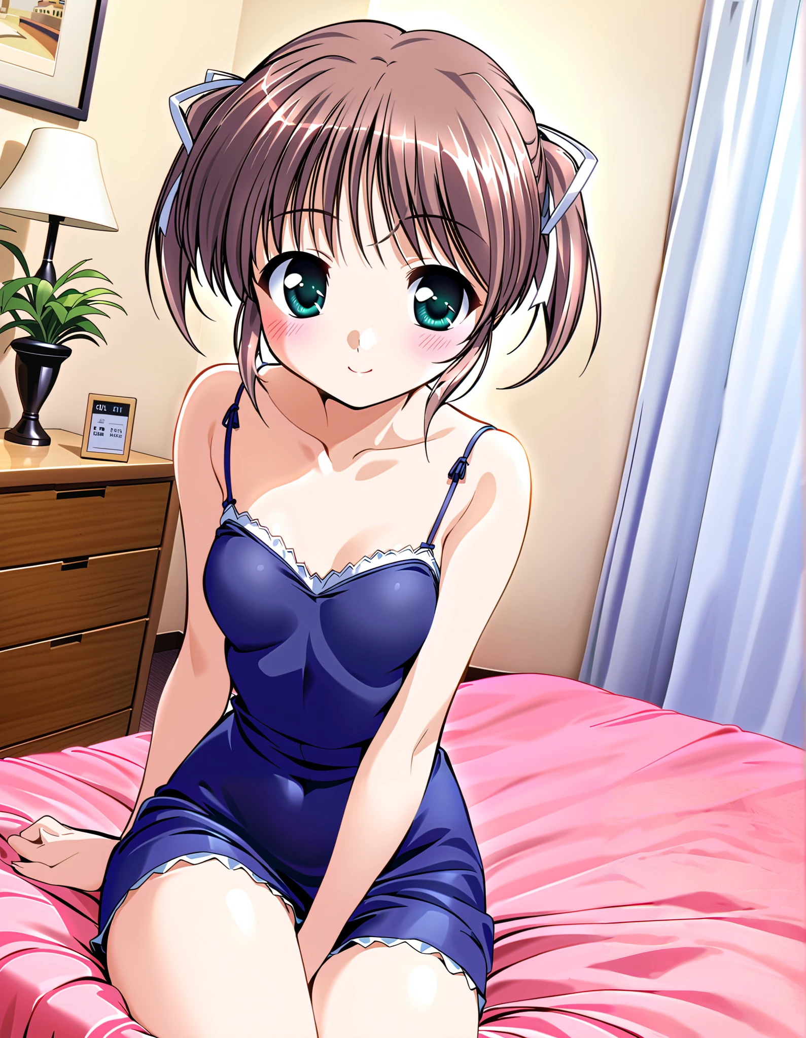 Asagiri Mai, (cowboy shot),  brown hair,  shorthair, Hair ribbon, twintails, Green Eyes,  small breasts, ( navy blue dress:1.2), (Sitting on the bed and waiting for a man:1.2), (Red cheeks:1.2), (Innocent Virgin:1.2), ( bright smile:1.2), ( bedroom:1.3), ( hotel :1.3),  score_9,  score_8_superior,  score_7_superior,  source_anime, (best quality:1.2), 細部までこだわったanime, natural body shape,  high quality, full color, 8k,  high definition 