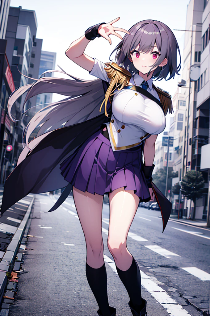 (full body),  Masterpiece  ,  top quality,  high definition , male,  shorthair,  hello , red eyes,  Big Breasts ,  clevis, Epaulettes, White handbag, Elbow pocket,  purple skirt,  Knee Socks ,  COWBOY SHOOTING , (Pose in front)，Straight, street， low angle，Downから，Down