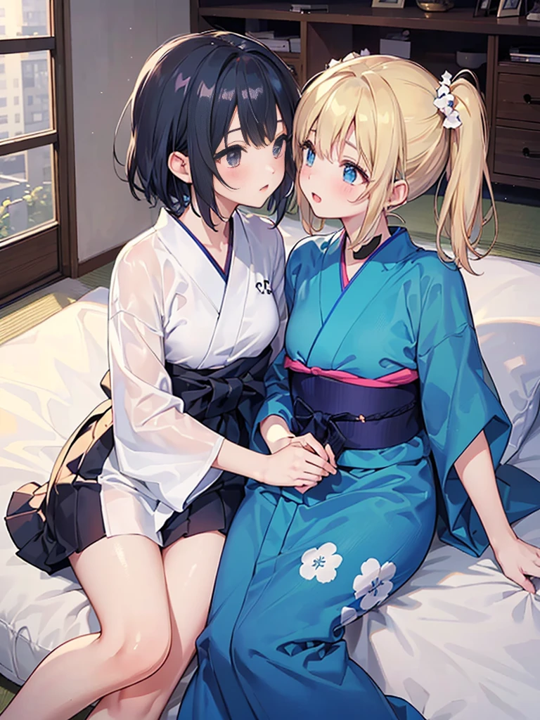 (8 (8k,  top quality,   Masterpiece  :1.2),cute,cute女の子たち,Couple girls, 2 people ，On the stomach{{To kiss，Mesugaki,fantasy_world,{{kissu,On the futon， lie down ，A short yukata， from&#39;Chest through clothes，  beautiful thighs，Gentle caress，  heavy breathing in gang's lair ， white liquid splashed on face ，On the stomachディープ{{kissu，Starry Sky，  knight ，太ももfrom滴り落ちる白い液体