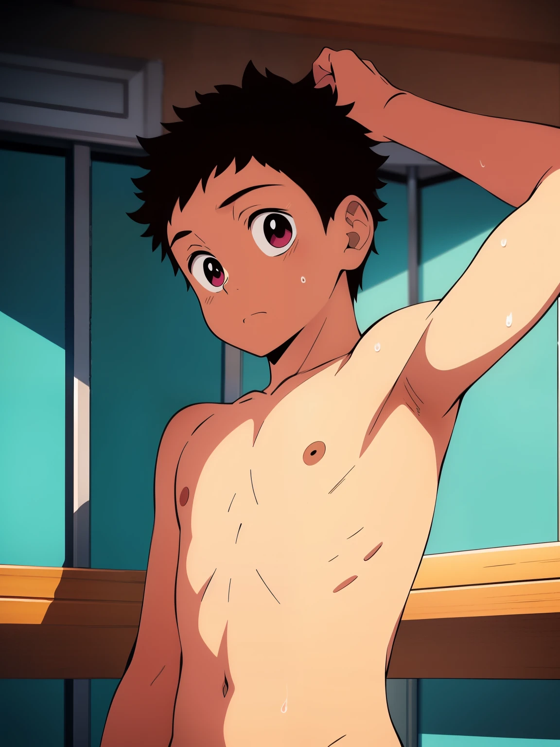 Highres, Masterpiece, Best quality at best,Best Quality,hight quality, hight detailed, Anime style, 1boy, Boy, Shota, Solo person, Tanjiro_kamado, Demon slayer, Open forehead, Earring, Shirtless, bare chest, Slim body, Sweat, (Showing armpit:1.3), Upper body, Blurry beckground, from the front, (very young boy), (very small and short body), bokeh, Uhd