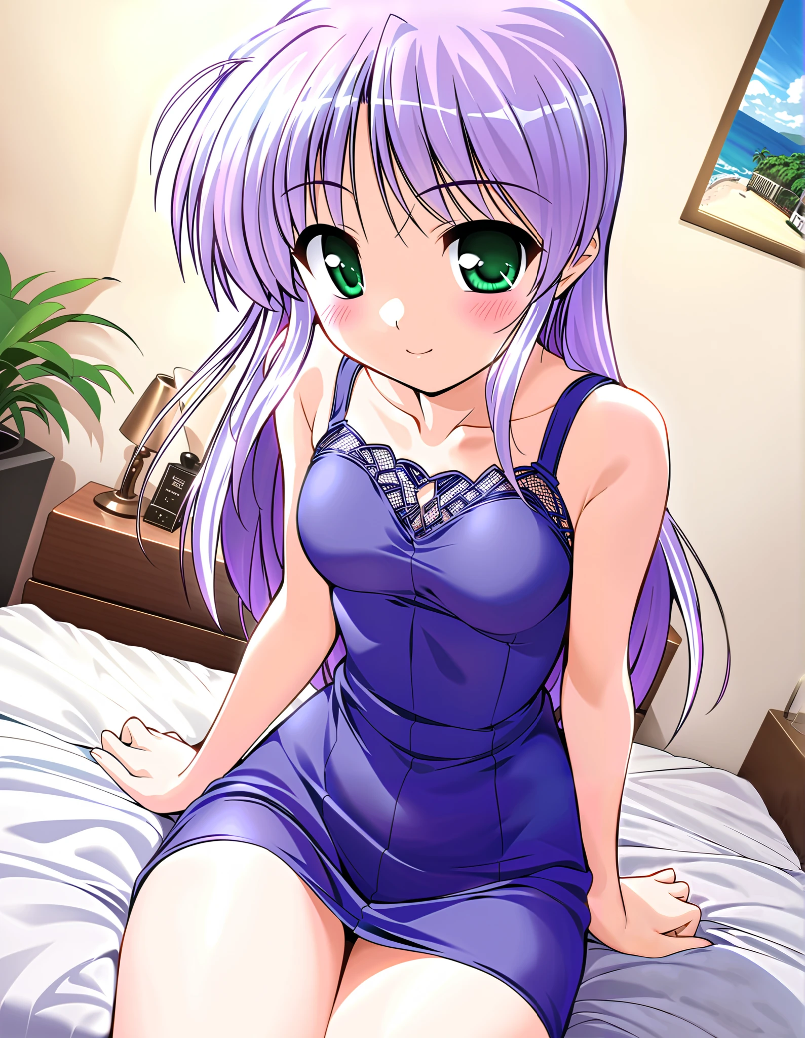 feena fam earthlight, (cowboy shot), green eyes, long hair, purple hair,  small breasts, ( navy blue dress:1.2), (Sitting on the bed and waiting for a man:1.2), (Red cheeks:1.2), (Ready to give up your virginity :1.2), ( bright smile:1.2), ( bedroom:1.3), ( hotel :1.3),  score_9,  score_8_superior,  score_7_superior,  source_anime, (best quality:1.2), 細部までこだわったanime, natural body shape,  high quality, full color, 8k,  high definition 