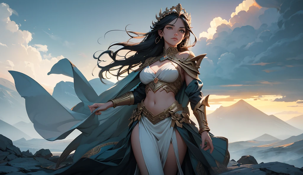 (best quality,4k,highres,masterpiece:1.2), 1girl, divine sword irelia, full standing picture, tanned skin, misty rose hair, gold eyes, twin ponytails, long eyelashes, big boobs, gold necklace, white feathered wings, gold paladin armour, holding a staff