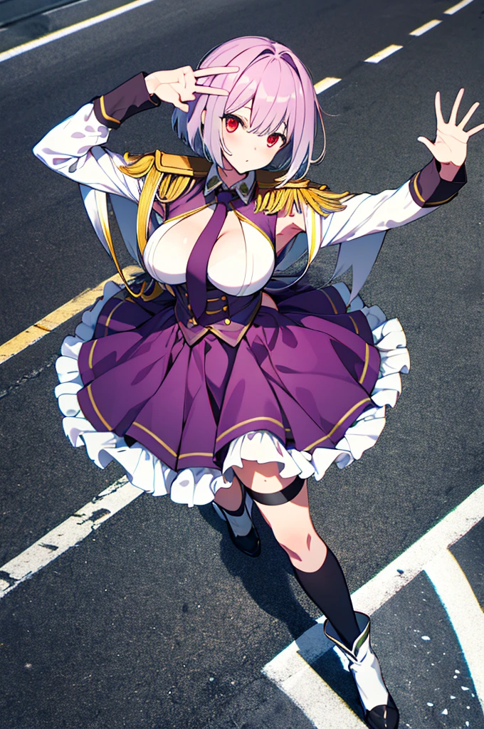 (full body),  Masterpiece  ,  top quality,  high definition , male,  shorthair,  hello , red eyes,  Big Breasts ,  clevis, Epaulettes, White handbag, Elbow pocket,  purple skirt,  Knee Socks ,  COWBOY SHOOTING , (Pose in front)，Straight, street， low angle，Downから，Down