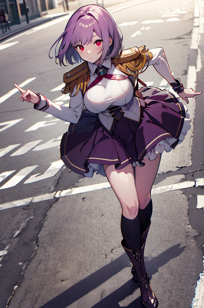 (full body),  Masterpiece  ,  top quality,  high definition , male,  shorthair,  hello , red eyes,  Big Breasts ,  clevis, Epaulettes, White handbag, Elbow pocket,  purple skirt,  Knee Socks ,  COWBOY SHOOTING , (Pose in front)，Straight, street， low angle，Downから，Down