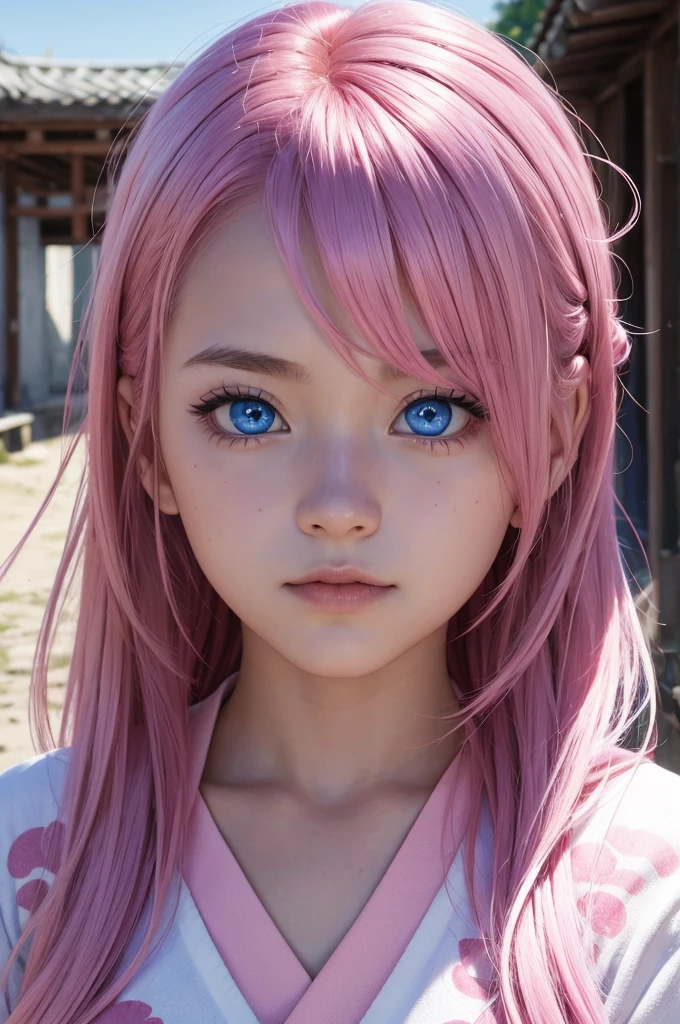 high res, masterpiece,Micchon Shikimori, pink hair, solo, 1girl,outside,deatailed background, detailed eyes, ((blue eyes))