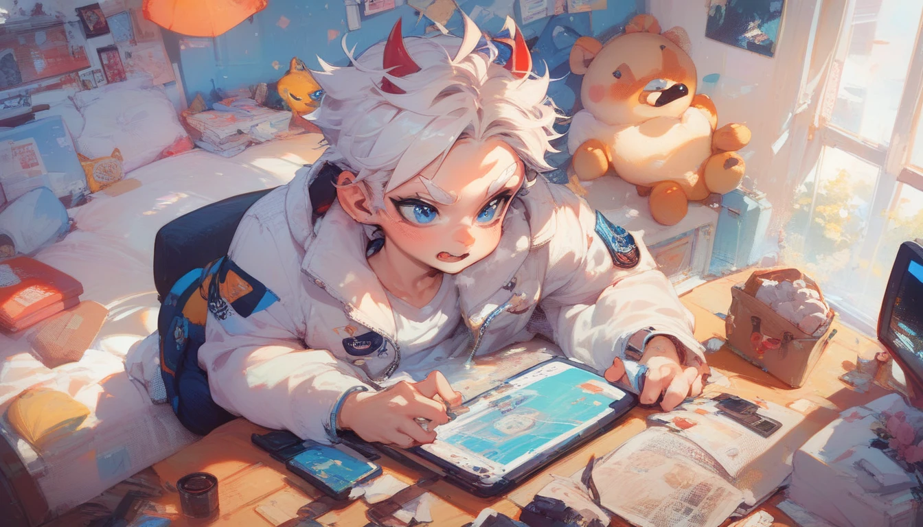 A young boy in white jacket over white tshirt white hairs white eyebrow blue eyes seated beside of a computer 