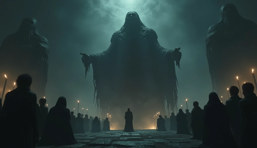 Darkened scene showing humanity turning to idols, shadows of figures