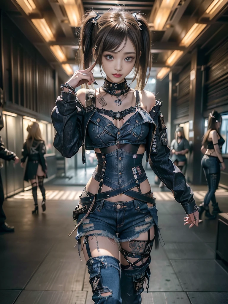 (Beautiful lips and nose:1.4)、(Long eyelashes:1.4)、(Smiling with teeth showing:1.3),(Shibuya Gal:1.5)、(Gothic intricately decorated dress:1.5)、(Tattered denim and black punk rock cargo pants:1.5)、(Denim and black navy skull mark small jacket:1.4)、(denim garter belt:1.5)、(Black and denim knee socks:1.3)、(Skull Silver Accessories:1.5)、(Denim collar:1.3)、(Brown Skin Belt:1.4)、(Brown boots:1.2)、(The underwear is striped:1.4)、3、((Highest quality、In 8K、masterpiece:1.3))、Sharp focus:1.2、(Layered Cut、Huge boobs:1.1),Beautiful woman with perfect figure:1.4、(Dancing vigorously:1.3)、Slender Abs:1.2、Highly detailed face and skin texture、Detailed eyes、double eyelid,(Twin tails:1.3)、(Brown-golden hair:1.3)、Gravure idol、(The background is a vast mountain with a clear view々Beautiful luxury resort destination in Europe:1.3)、(Slim Body:1.2),(Make your legs thinner:1.4),(clavicle:1.1)