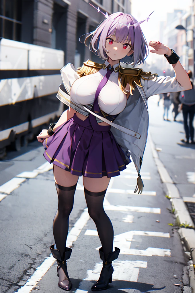 (full body),  Masterpiece  ,  top quality,  high definition , male,  shorthair,  hello , red eyes,  Big Breasts ,  clevis, Epaulettes, White handbag, Elbow pocket,  purple skirt,  Knee Socks ,  COWBOY SHOOTING , (Pose in front)，Straight, street， low angle，Downから，Down