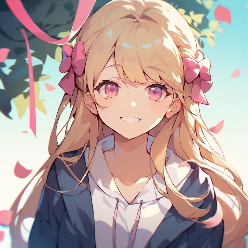 1girl, cute, pretty, long hair, blonde hair, bangs, with pink ribbon in hair, pink eyes, cute casual outfit, happy