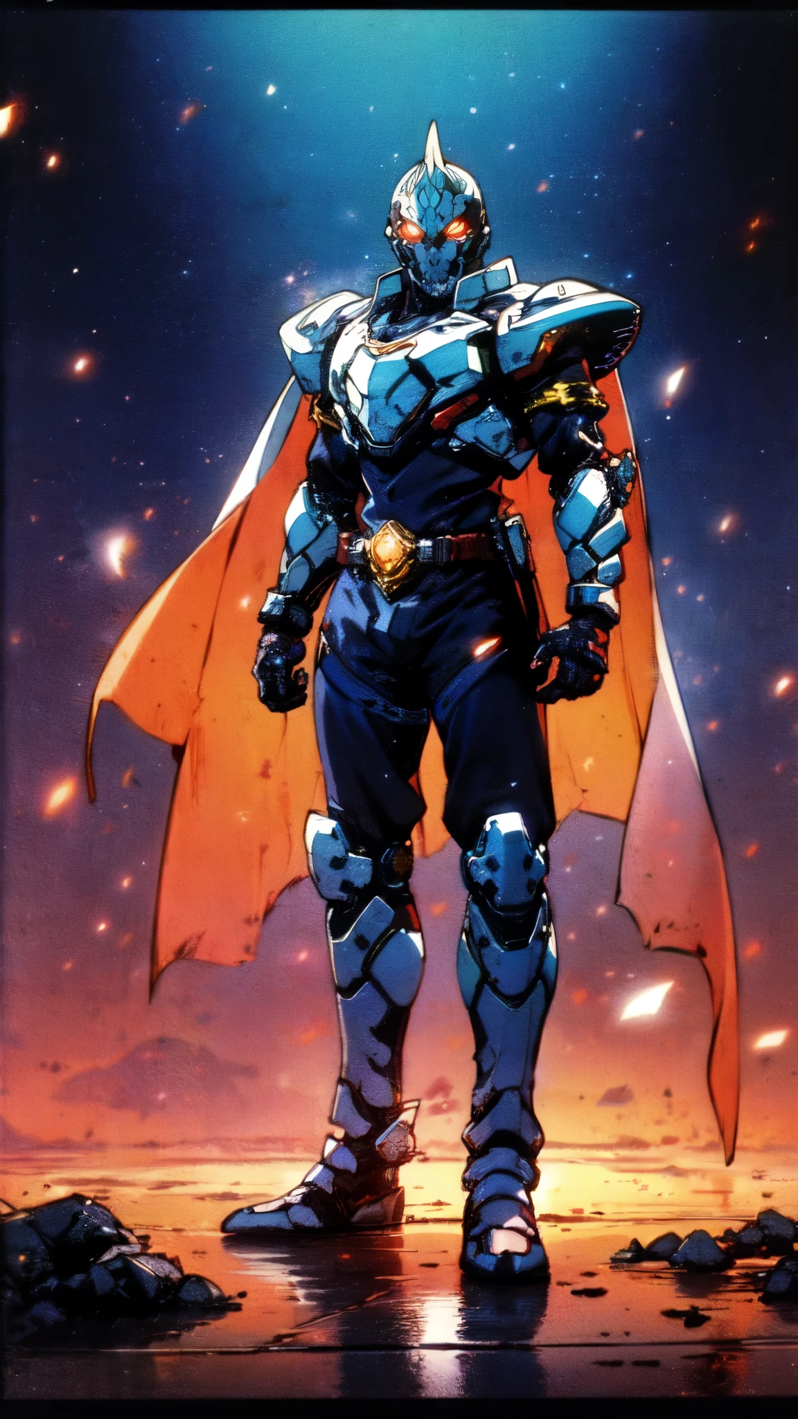 (masterpiece:1.5, best quality:1.5, extremely delicate:1.5), ((male:1.5)), a man wearing a full-face helmet, high-tech biomimetic armored combat suit, (a composite layered chest armor), the design balances heavy with agility, fully enclosed shoulder guards, matching arm and leg guards, a belt of gemstone, (the color scheme is primarily Red with Purple and Yellow accents, Organic Biotech, Concept Inspired by Vampire, glowing eyes, armor glows, huge cloak like devil wings, blood), stand of a futuristic sci-fi city, this character embodies a finely crafted fantasy-style armored hero in anime style, exquisite and mature art style, metallic, high definition, highres, ultra-detailed, ultra-fine painting, professional, perfect body proportions, golden ratio, anatomically correct, symmetrical face, extremely detailed eyes and face, high quality eyes, creativity, RAW photo, UHD, 32k, Natural light, cinematic lighting, (masterpiece-anatomy-perfect:1.2)