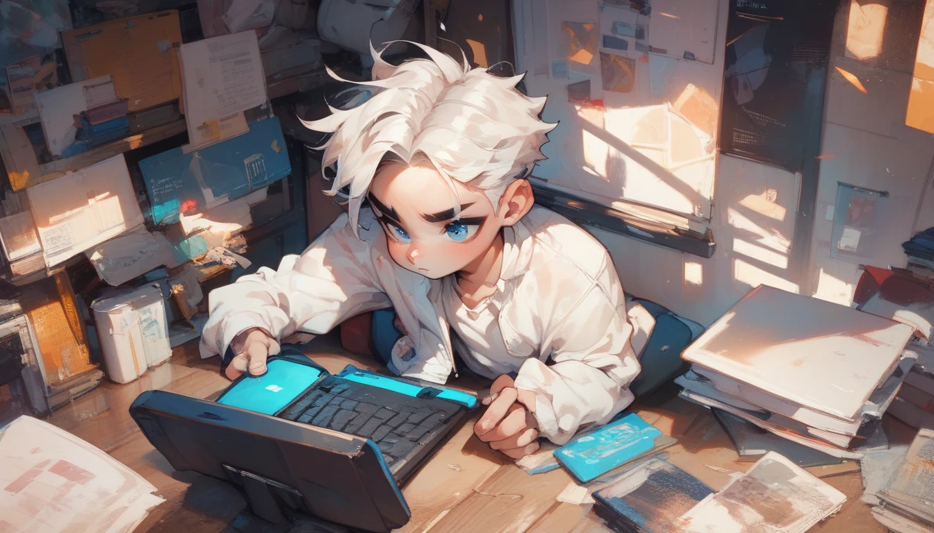 A young boy in white jacket over white tshirt white hairs white eyebrow blue eyes seated beside of a computer 