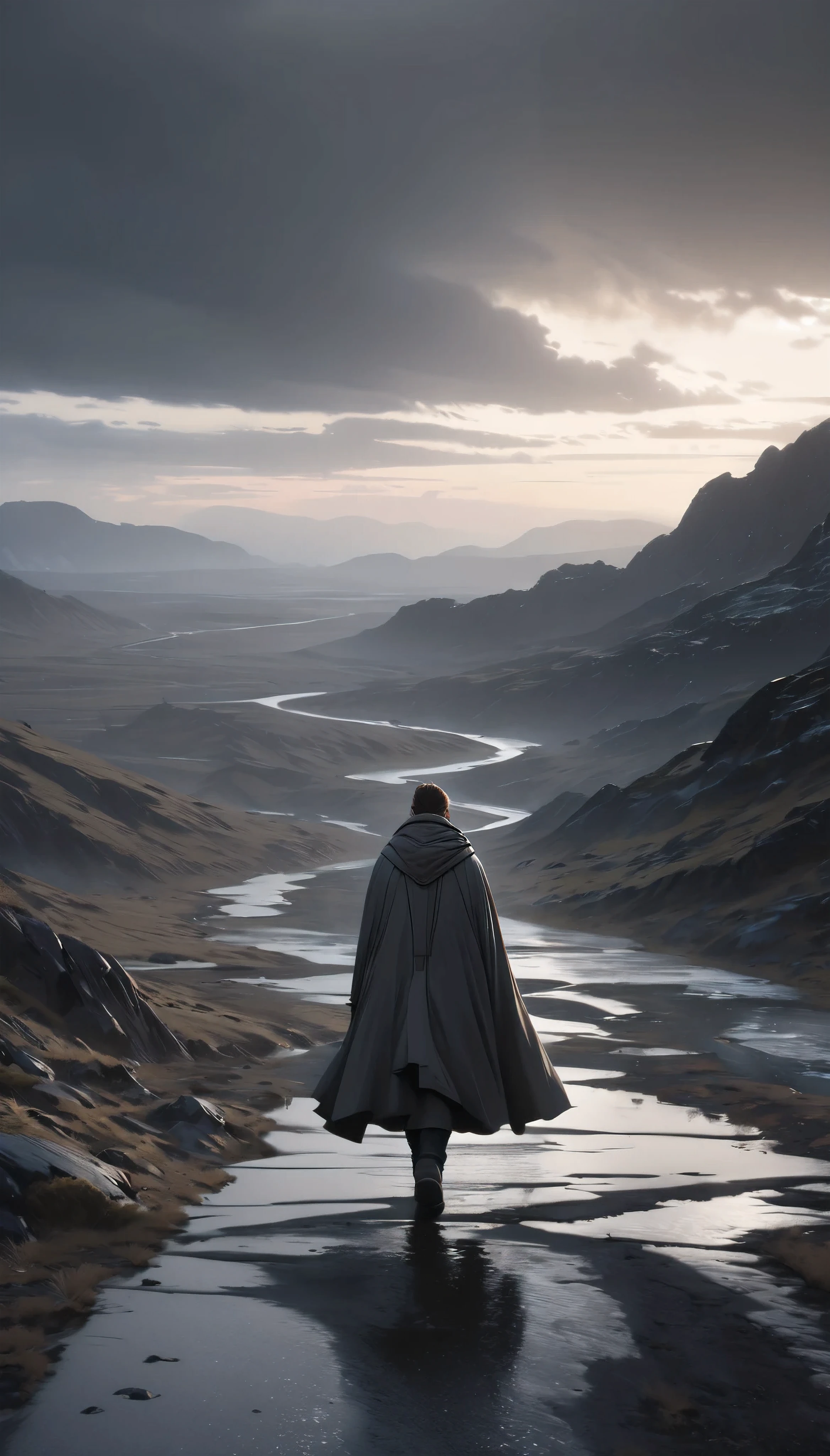 a lone traveler walking down a desolate path, inner strength and determination, (best quality,4k,8k,highres,masterpiece:1.2),ultra-detailed,(realistic,photorealistic,photo-realistic:1.37),cinematic lighting,dramatic atmosphere,melancholic mood,somber colors,desaturated palette,windswept landscape,dramatic sky,glowing horizon,lone figure walking,stoic expression,resolute posture,cloak billowing,detailed clothing folds,intricate textures,emotive eyes,intense gaze,sense of longing,searching for something lost,uncertain future,journey of purpose,emotional turmoil,weighing heavy on the heart