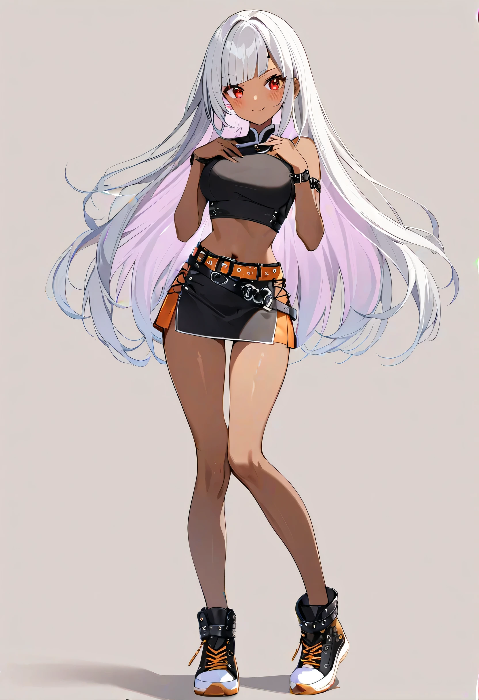 1girl, solo, standing, full body, very long legs, tight, masterpiece, best quality, very aesthetic, dark-skinned female, long hair, silver hair, orange glitter inner hair, diagonal bangs, red eyes, happy face, blushing, brown skin, qipao crop top, micro skirt, punk belt, sneakers boots, thigh gap, thigh legs, top breasts, her name is Agatha Euphony
